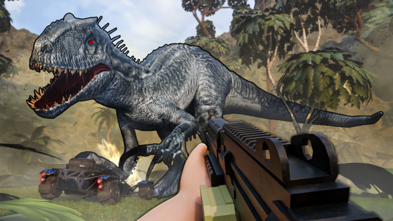 Primal Pursuit Roblox survivors facing a dinosaur on a prehistoric island